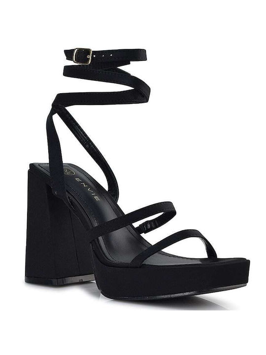 Envie Shoes Υφασμάτινα Γυναικεία Πέδιλα με Χοντρό Ψηλό Τακούνι σε Μαύρο Χρώμα