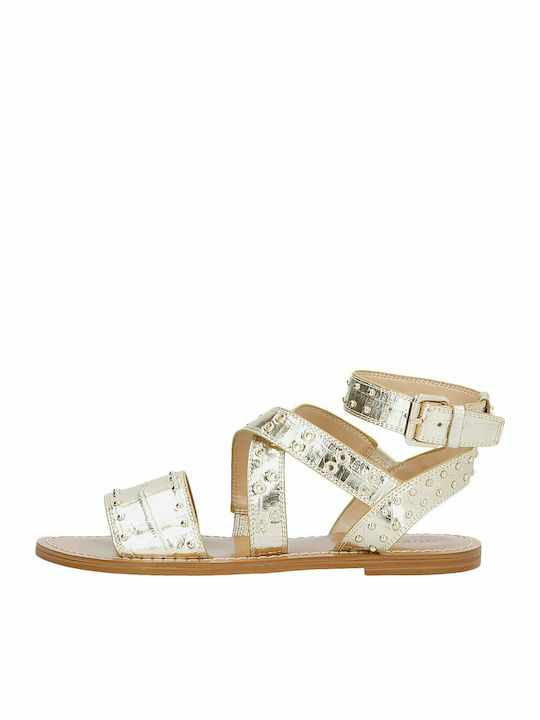 Guess Cevie Leather Women's Flat Sandals Gladiator In Gold Colour