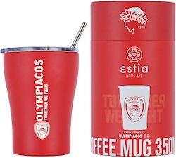 Estia Coffee Mug Olympiacos B.C. Glas Thermosflasche Rostfreier Stahl BPA-frei Rot 350ml mit Stroh