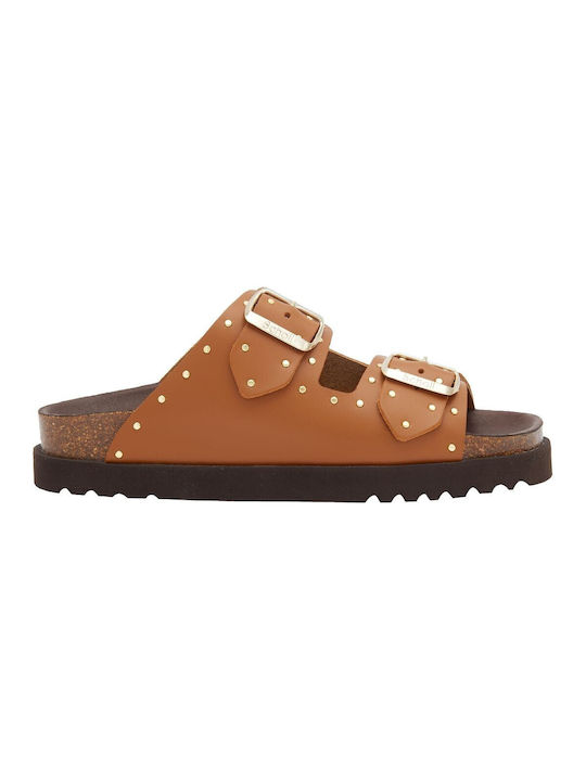 Scholl Anatomic Leather Women's Sandals with Stones Tabac Brown