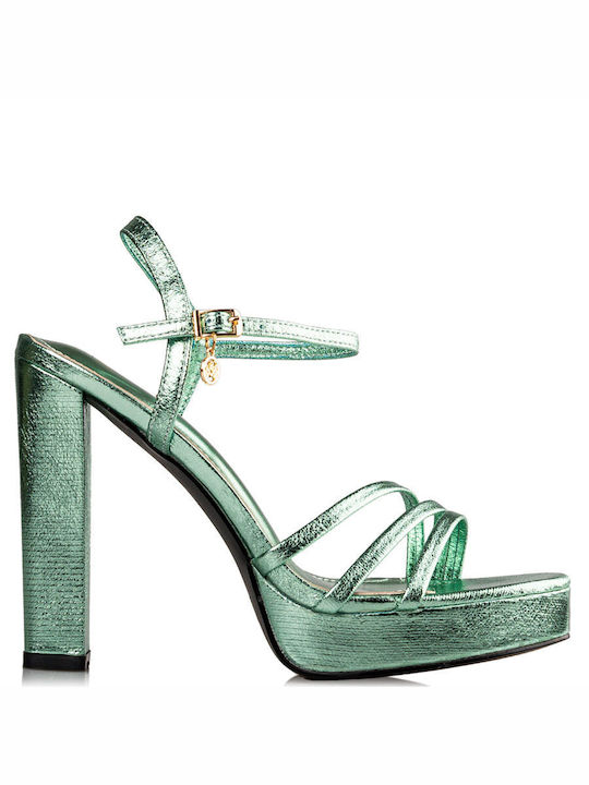 Envie Shoes Platform Synthetic Leather Women's Sandals with Ankle Strap Green with Chunky High Heel