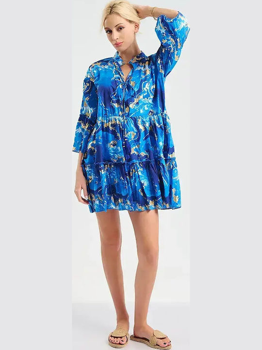 Ble Resort Collection 100% Καφτάνι Παραλίας Σκουρο Μπλε/χρυσο