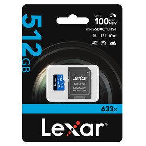 Lexar 633x microSDXC 512GB Class 10 U3 V30 A2 UHS-I with Adapter