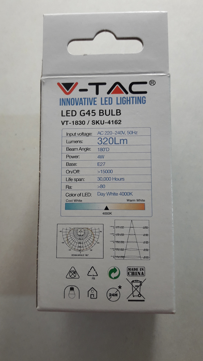 V-TAC Vt-1830 LED Bulb 4W 75mm for Socket E27 and Shape G45 Natural White 300lm