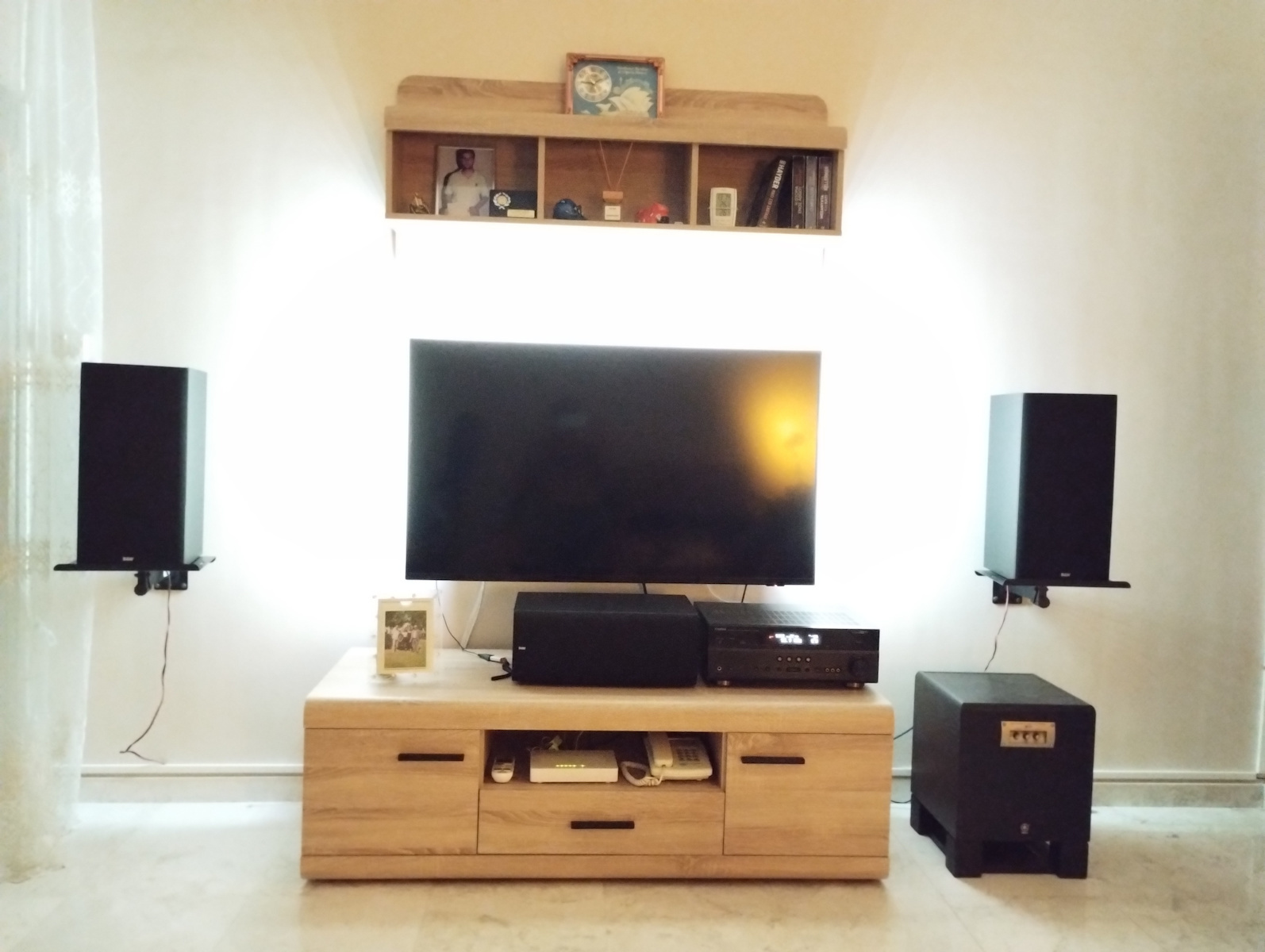 Living Room TV Unit with Showcase & Lighting Beige L218xW54xH194cm