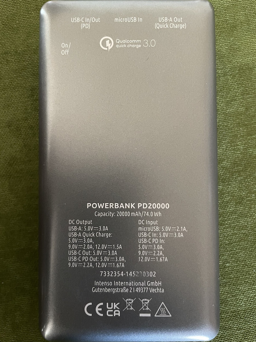 Intenso PD20000 Power Bank 20000mAh με Θύρα USB-A και Θύρα USB-C Quick Charge 3.0 / Power Delivery Γκρι