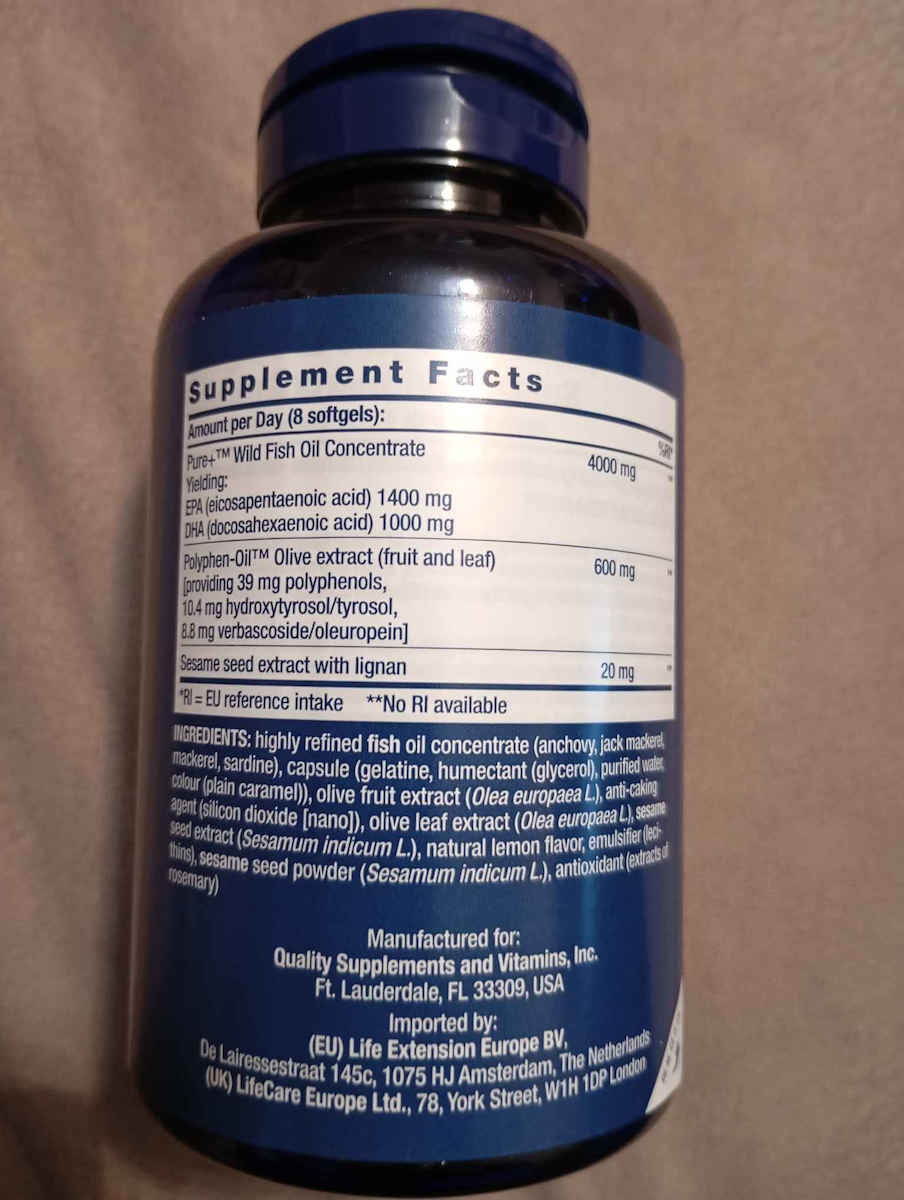 Life Extension Super Omega 3 Fish Oil EPA/DHA Fish Oil Sesame Lignans & Olive Extract 120 softgels