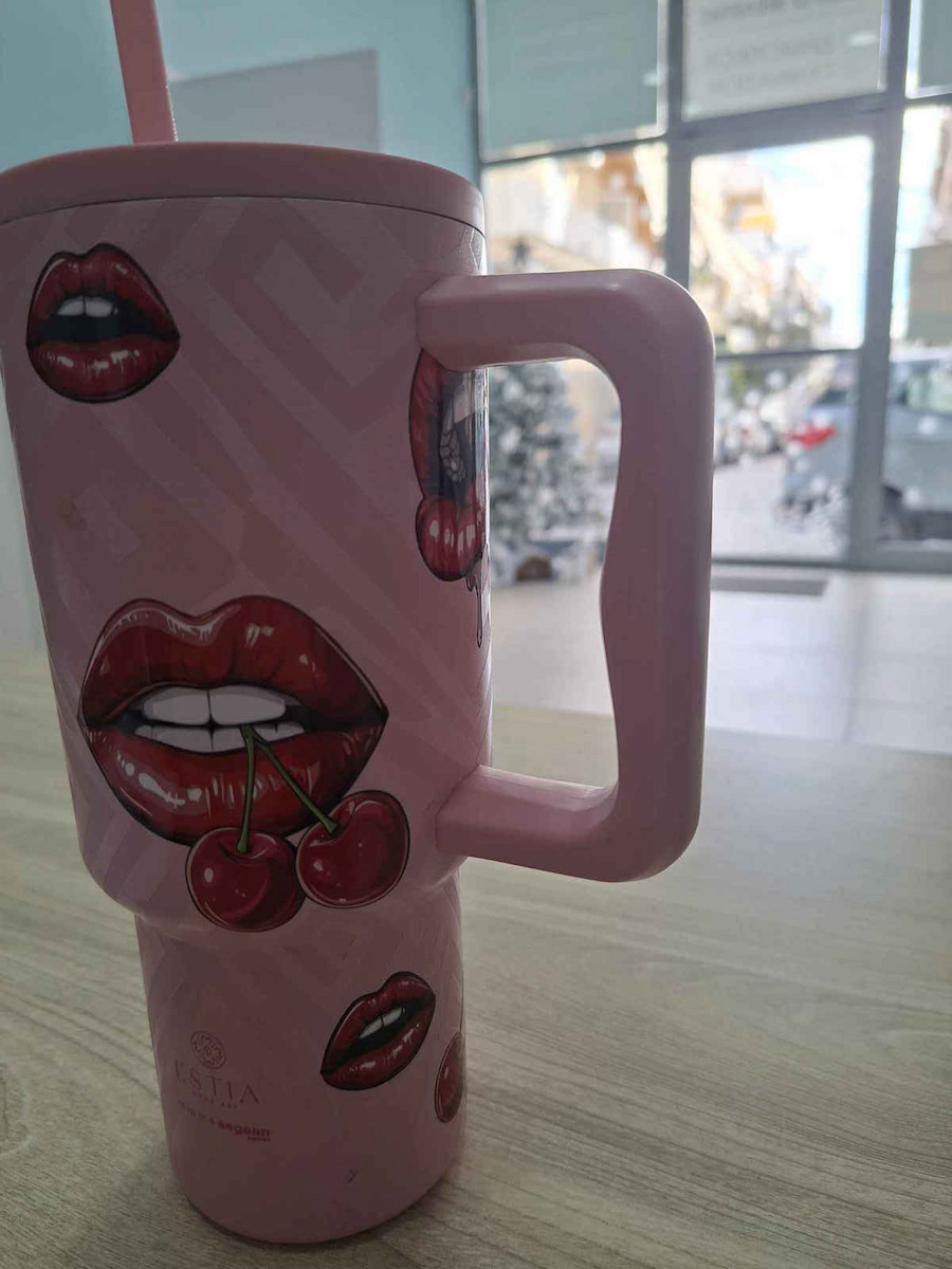 Estia Straw Tumbler XL Save the Aegean Ανακυκλώσιμο Handled Tumbler Θερμός Ανοξείδωτο BPA Free 900ml Lavender Purple με Καλαμάκι και Λαβή