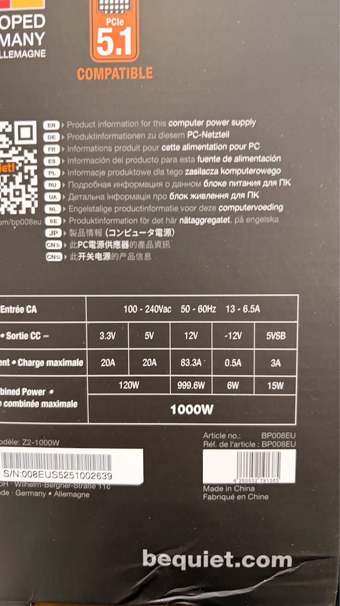 Be Quiet Power Zone 2 1000W Black Computer Power Supply Full Modular 80 Plus Platinum