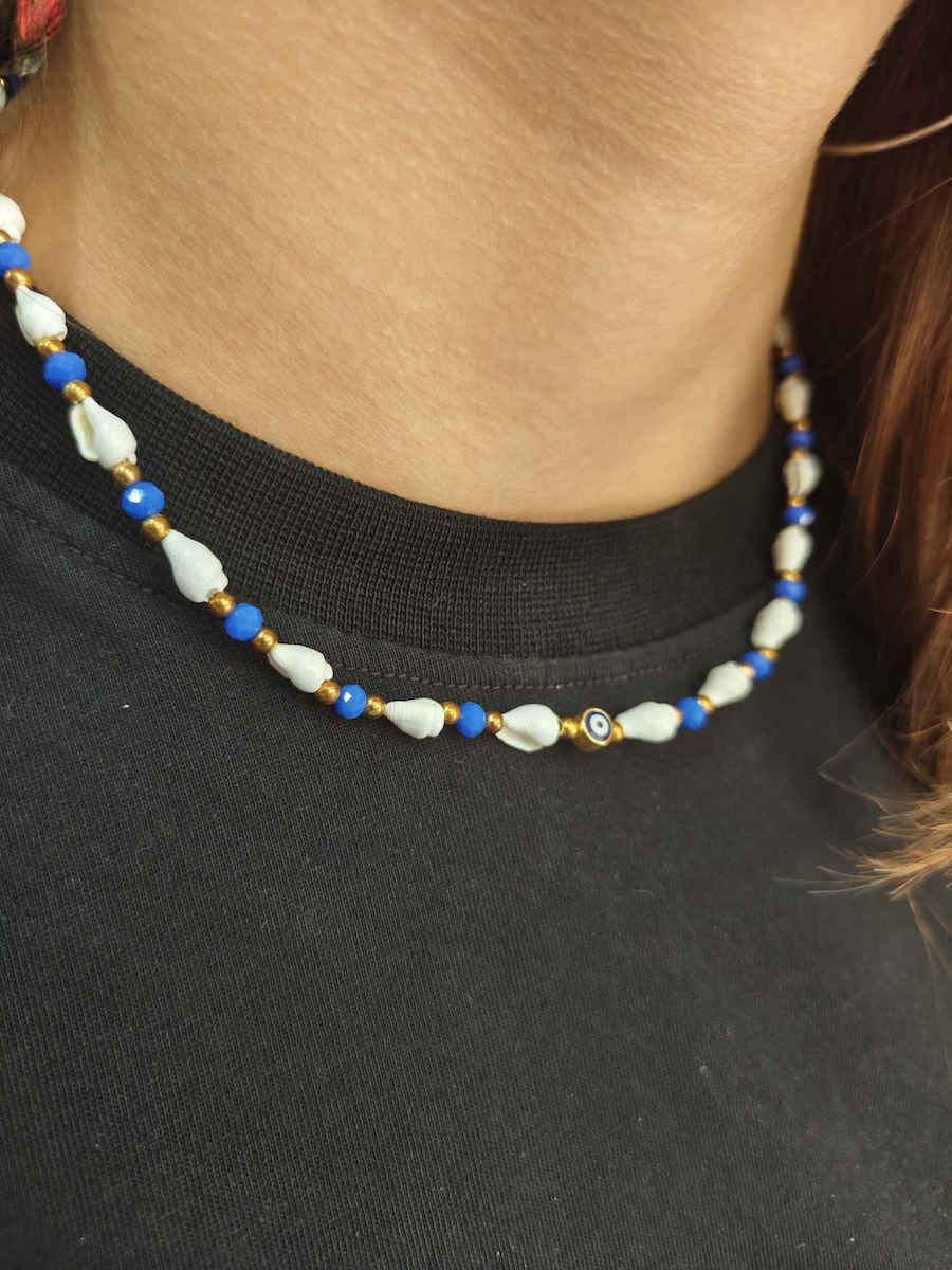 Deka Handmade Necklace Evil Eye Nazar Natural Seashells Stones Metal Chain 50 cm – Dark Blue