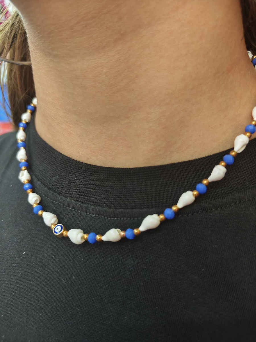 Deka Handmade Necklace Evil Eye Nazar Natural Seashells Stones Metal Chain 50 cm – Dark Blue