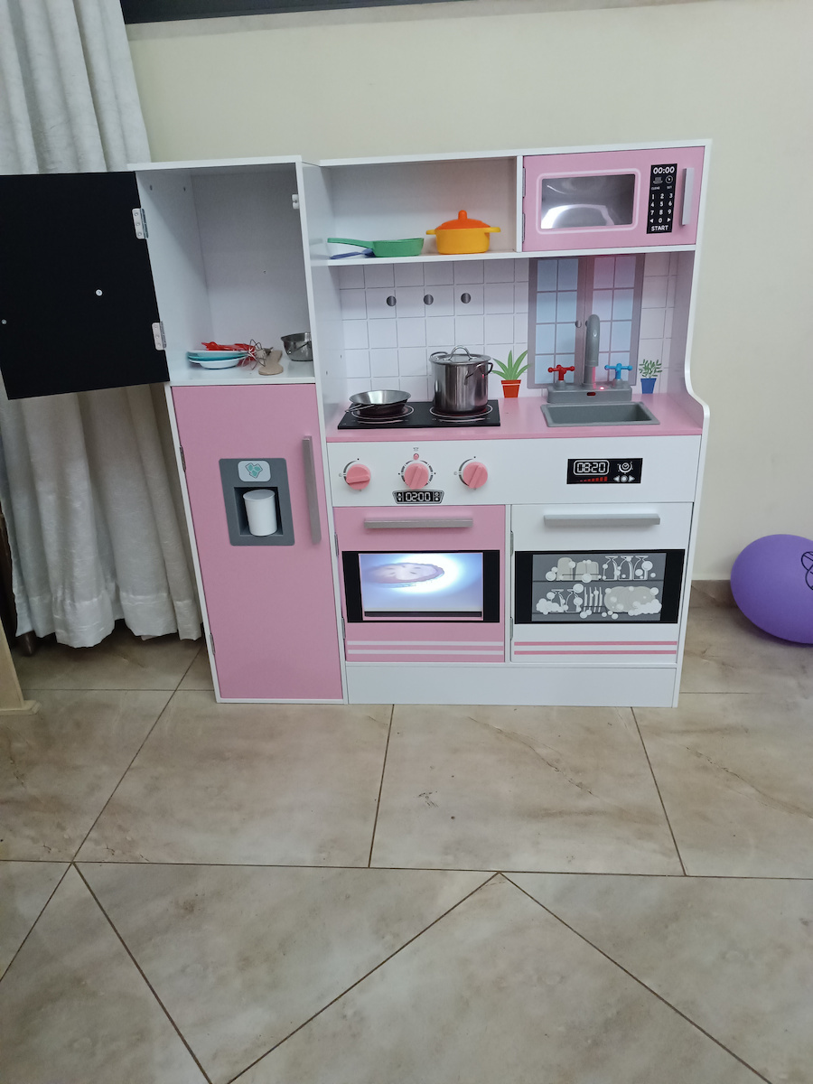 Ehome Детска Кухня от Дърво Дървена Детска Кухня Розова Игра на Имитация размери 90x95x29CM