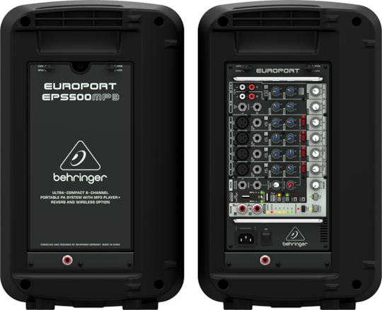 Behringer EPS500MP3 Aktives Paar PA Lautsprecher 500W mit Woofer 8" mit Batterie 27.6x25.7x46.6cm.