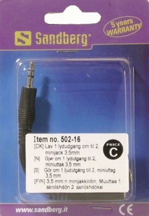 Sandberg 502-16 Converter 3.5mm male to 3.5mm 2x female 1pcs