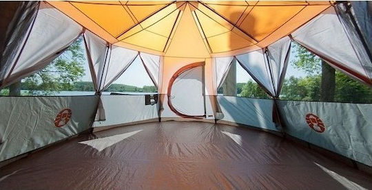 Coleman Octagon 8 Camping Tent Cabin Orange with Double Cloth 3 Seasons for 8 People 396x396x208cm