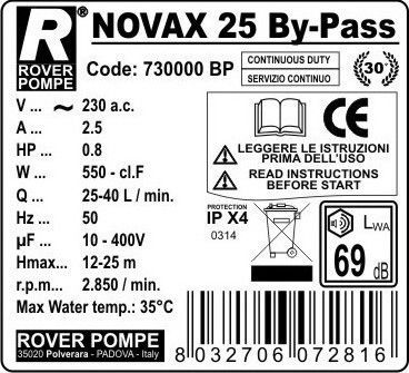 Rover Pompe Novax 25M By-Pass Single Phase Transfer Pump with 1" Inlet and 0.8hp Horsepower