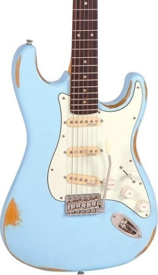 Vintage V6 Icon Electric Guitar Stratocaster with SSS Pickup Configuration Distressed Laguna Blue