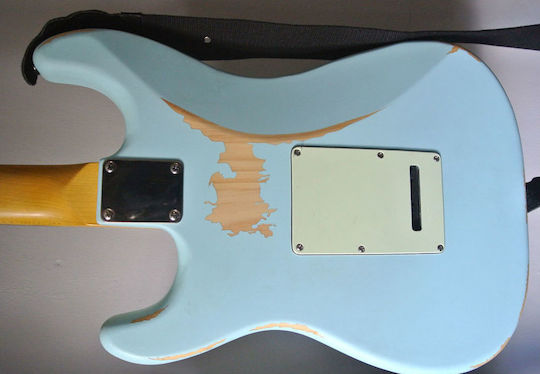 Vintage V6 Icon Electric Guitar Stratocaster with SSS Pickup Configuration Distressed Laguna Blue
