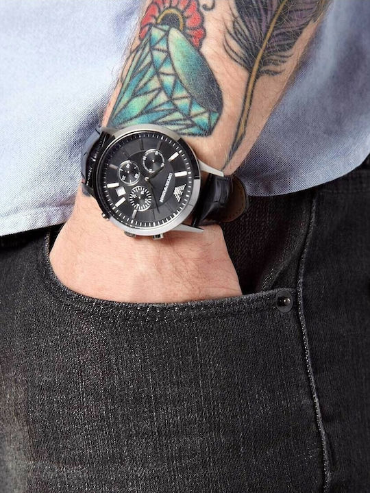 Emporio Armani Men's Watch 43mm Chronograph Battery with Black Leather Strap