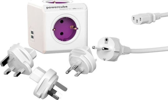 Allocacoc ReWirable 3x plugs+IEC EU PowerCube 4 Θέσεων με 2 USB-A και Καλώδιο 1m Μωβ