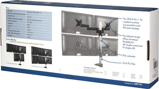 Arctic Z+2 Pro Desktop Stand for 2 Monitors up to 27" with Extension Arm