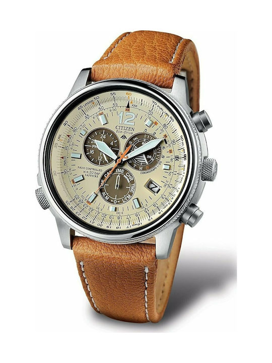Citizen Eco - Drive Chronograph Watch with Leather Strap Beige AS402044B