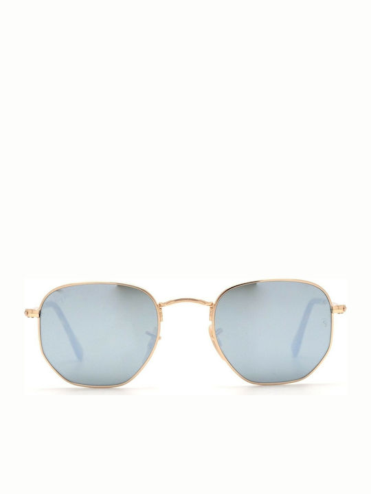 Ray Ban Hexagonal Unisex Sunglasses with Gold Metal Frame and Green Mirror Lens RB3548N 001/30