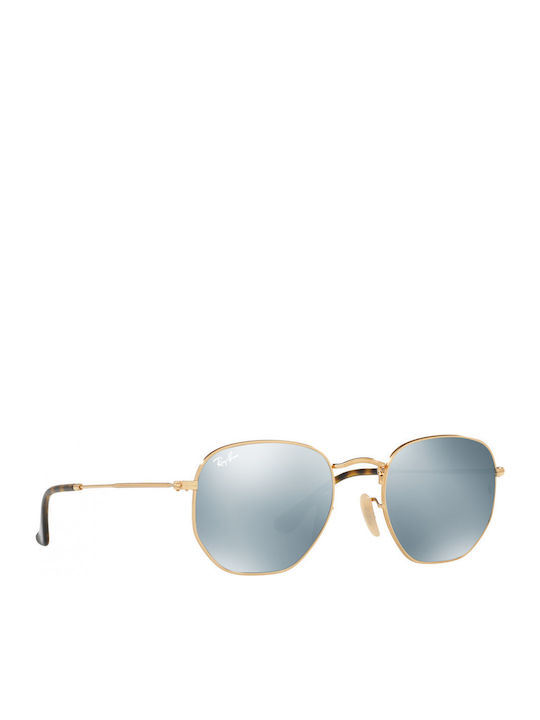 Ray Ban Hexagonal Unisex Sunglasses with Gold Metal Frame and Green Mirror Lens RB3548N 001/30