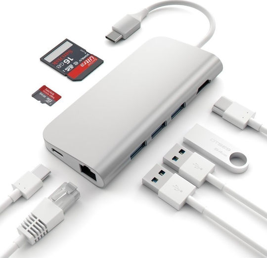 Satechi Aluminum Multi-Port Adapter 4K USB-C / USB-A Docking Station με 4K PD Ethernet Ασημί