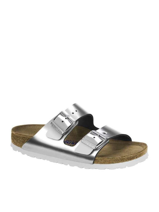 Arizona Soft Footbed Natural Leather Women's Flat Sandals Anatomic Metallic Silver Narrow Fit