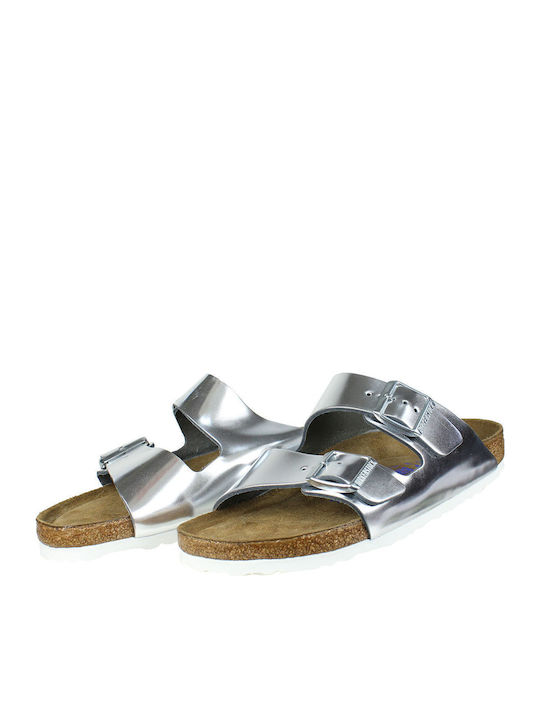 Arizona Soft Footbed Natural Leather Women's Flat Sandals Anatomic Metallic Silver Narrow Fit