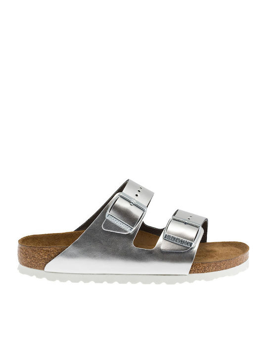 Arizona Soft Footbed Natural Leather Women's Flat Sandals Anatomic Metallic Silver Narrow Fit