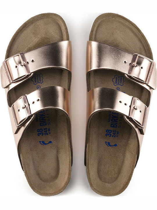 Arizona Soft Footbed Natural Leather Women's Flat Sandals Anatomic Metallic Copper Narrow Fit