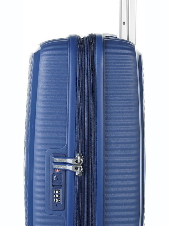 American Tourister Soundbox Spinner Cabin Hard Blue Suitcase With 4 Wheels Height 55cm