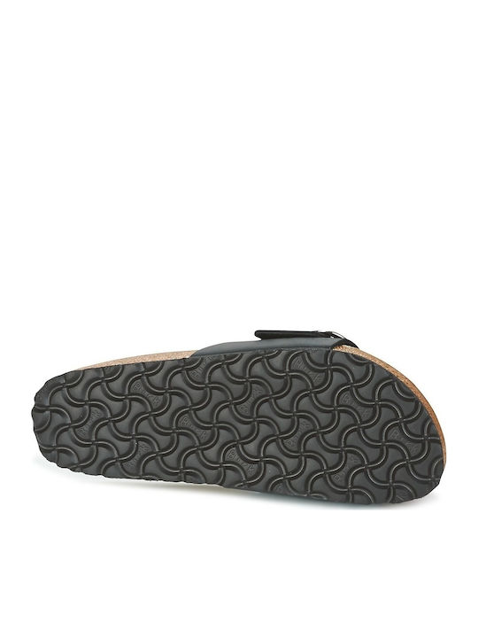 Madrid Big Buckle Oiled Leather Leather Women's Flat Sandals Anatomic in Black Color Narrow Fit