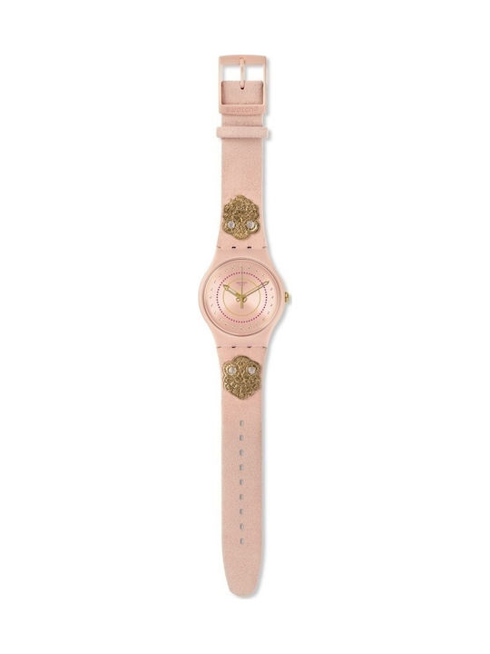 Swatch Embroidery Uhr mit Rosa Lederarmband