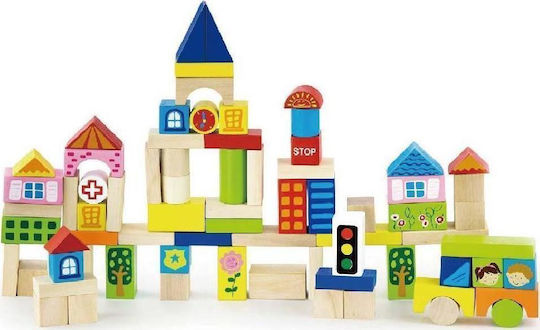 Viga Toys Building Blocks 'City' in Bucket Wooden for 2+ Years 75 Pieces