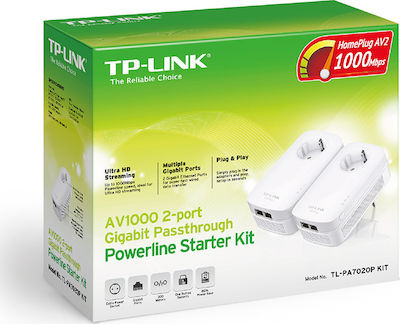 TP-LINK TL-PA7020PKIT v1 v1 Powerline für kabelgebundene Verbindung mit Durchgangssteckdose Steckdose und 2 Anschlüsse Ethernet