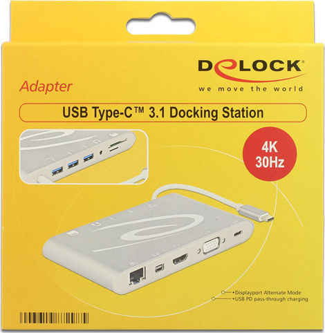 DeLock USB-C Docking Station με HDMI/DisplayPort 4K PD Ethernet και συνδεση 2 Οθονών Ασημί (87298)