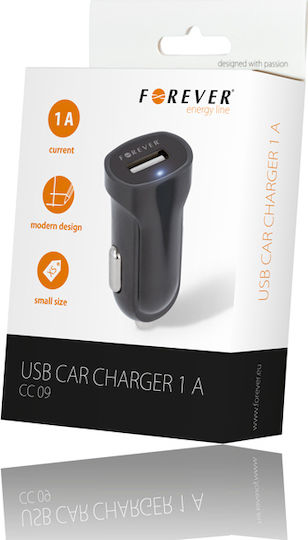 Forever Car Charger 1A with one Port: 1xUSB Black Color