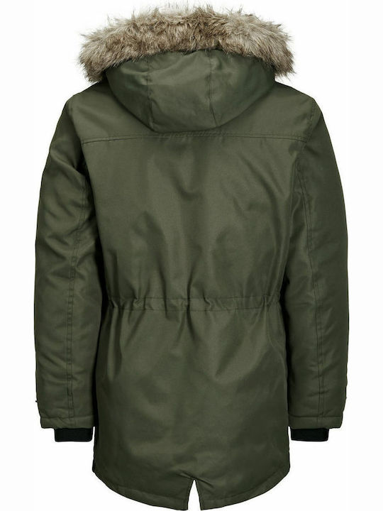 Jack & Jones Geacă pentru bărbați de iarnă Parka Rezistent la vânt Green / Rosin