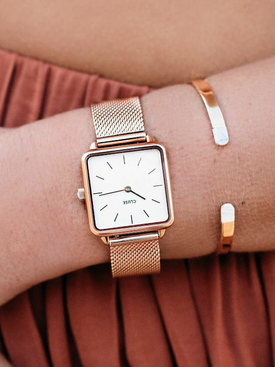 La Garconne Rose Gold Mesh White Womens Watch 28.5mm Battery with Pink Gold Stainless Steel Bracelet