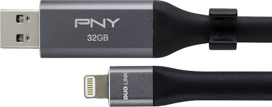 PNY Duo-Link 3.0 Cable Design 32GB USB 3.0 Stick mit Verbindung Blitzschlag & USB-A Gray
