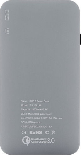 Tellur TLL158131 Power Bank 5000mAh 18W with USB-A Port Quick Charge 3.0 Gray