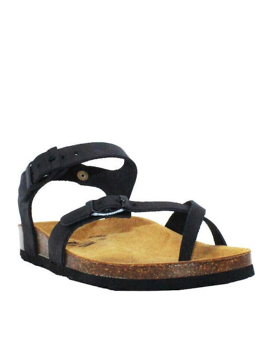 Leder Flache Sandalen für Damen Anatomisch mit Riemen in Schwarz Farbe