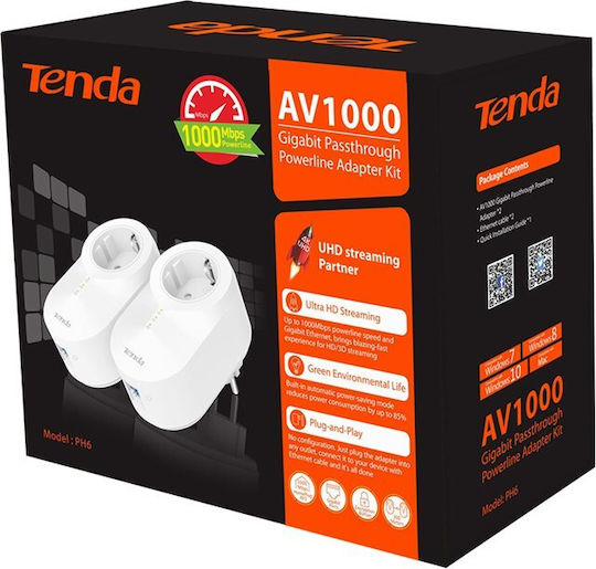 Tenda PH6 Powerline Dual Kit Wired with Passthrough Socket and Gigabit Ethernet Port