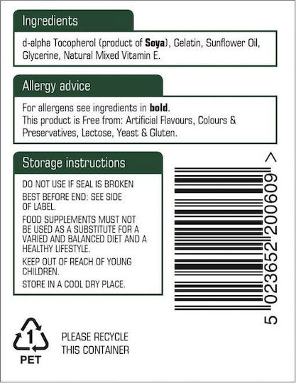 Natures Aid Vitamin E Vitamin for the Skin & Antioxidant Action 200iu 12mg 60 softgels