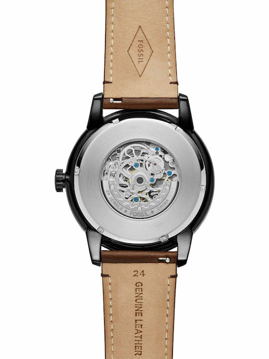 Fossil Ανδρικό Ρολόι 48mm Αυτόματο με Καφέ Δερμάτινο Λουράκι