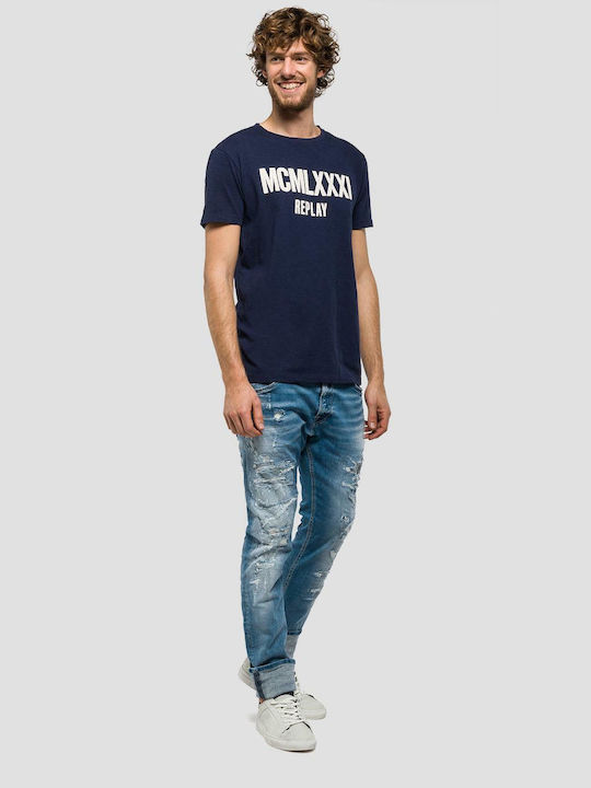 Replay Letter Print Men's Short Sleeve T-shirt Navy Blue