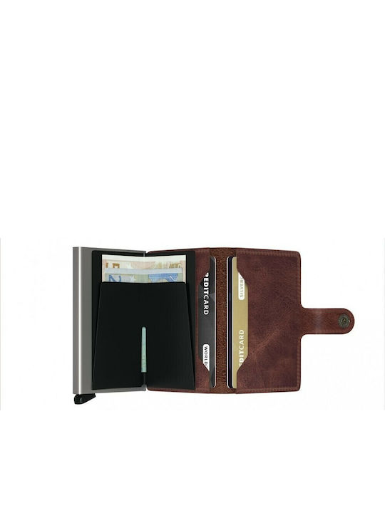 Miniwallet Vintage Δερμάτινο Ανδρικό Πορτοφόλι Καρτών με RFID και Μηχανισμό Slide Καφέ/Ασημί
